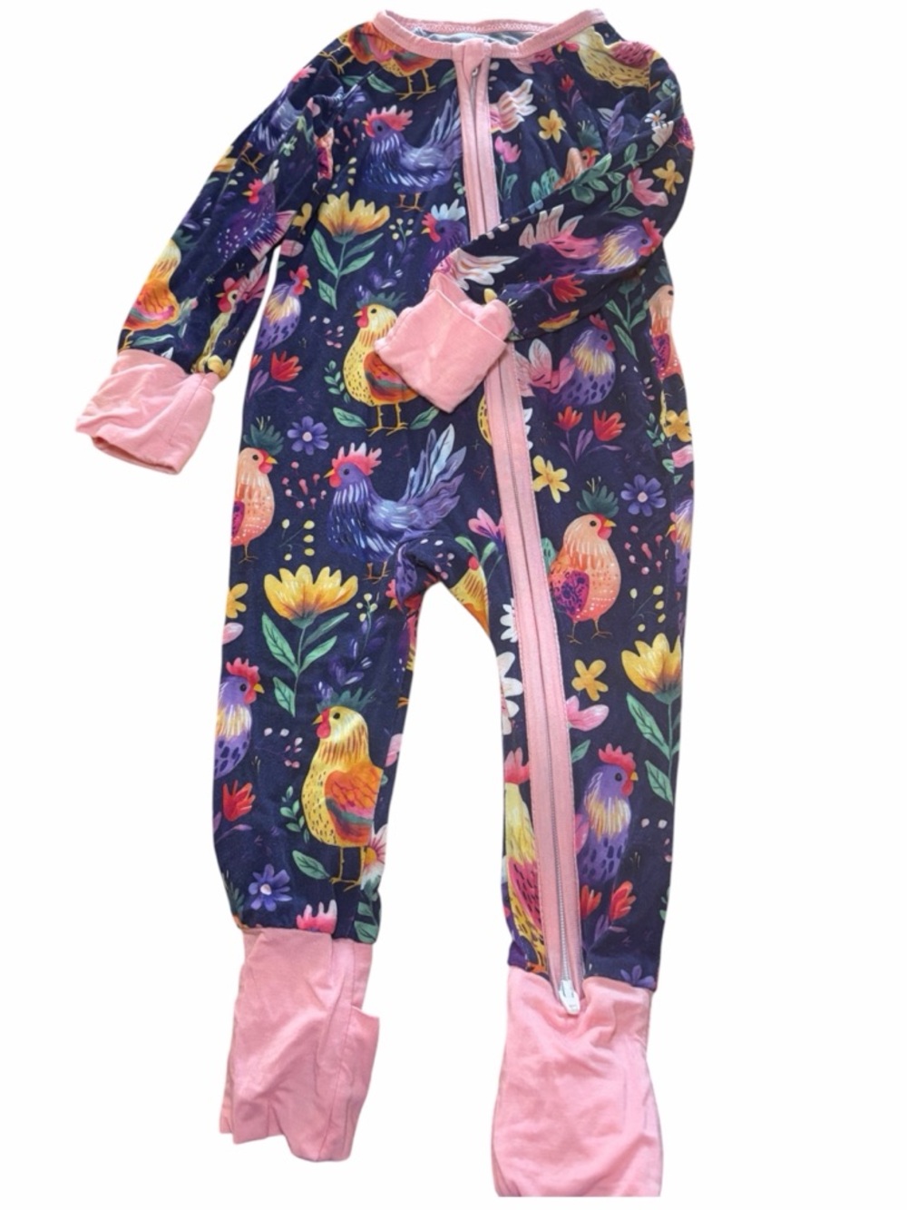 NWOT Bamboo Zippy Pink-Trim Chicken Print 3-6M